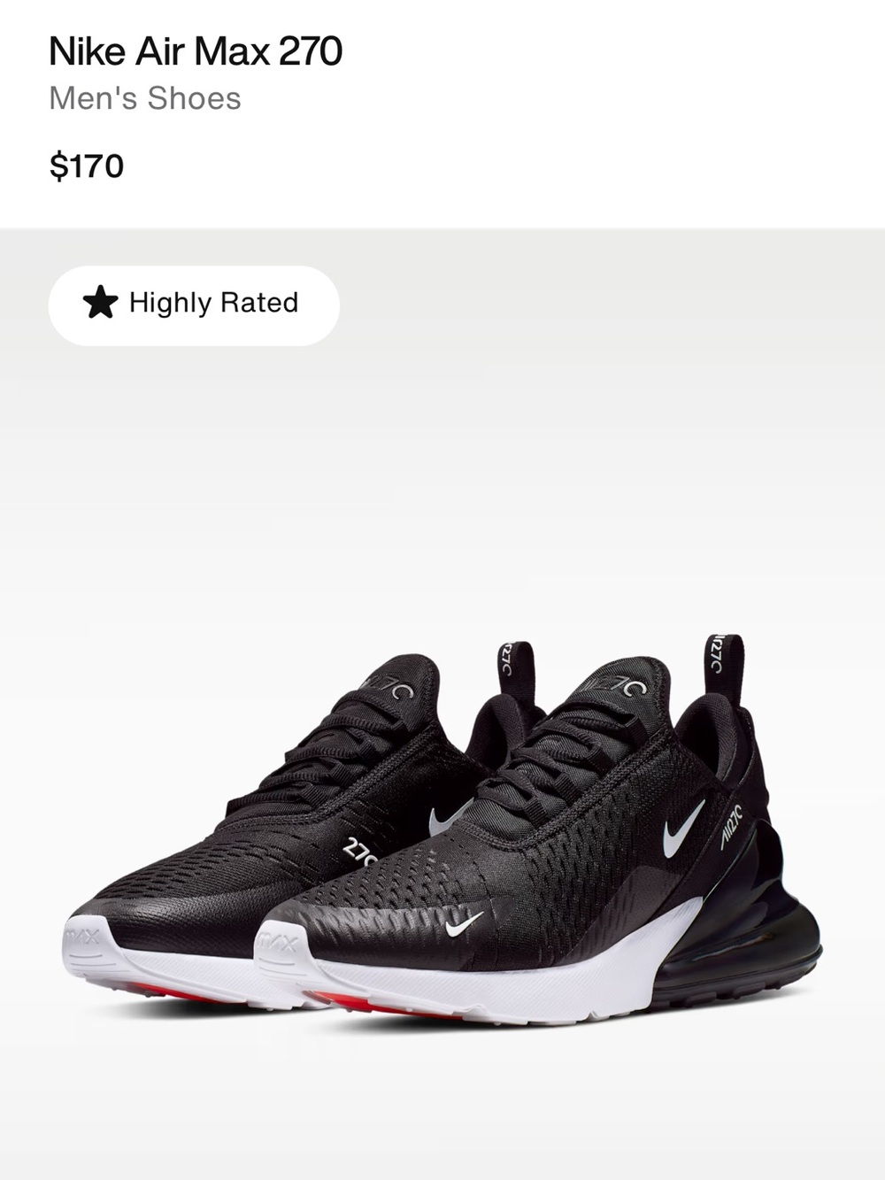 Men’s size 12 Nike Air Max 270 Men's Sneakers - Black/White